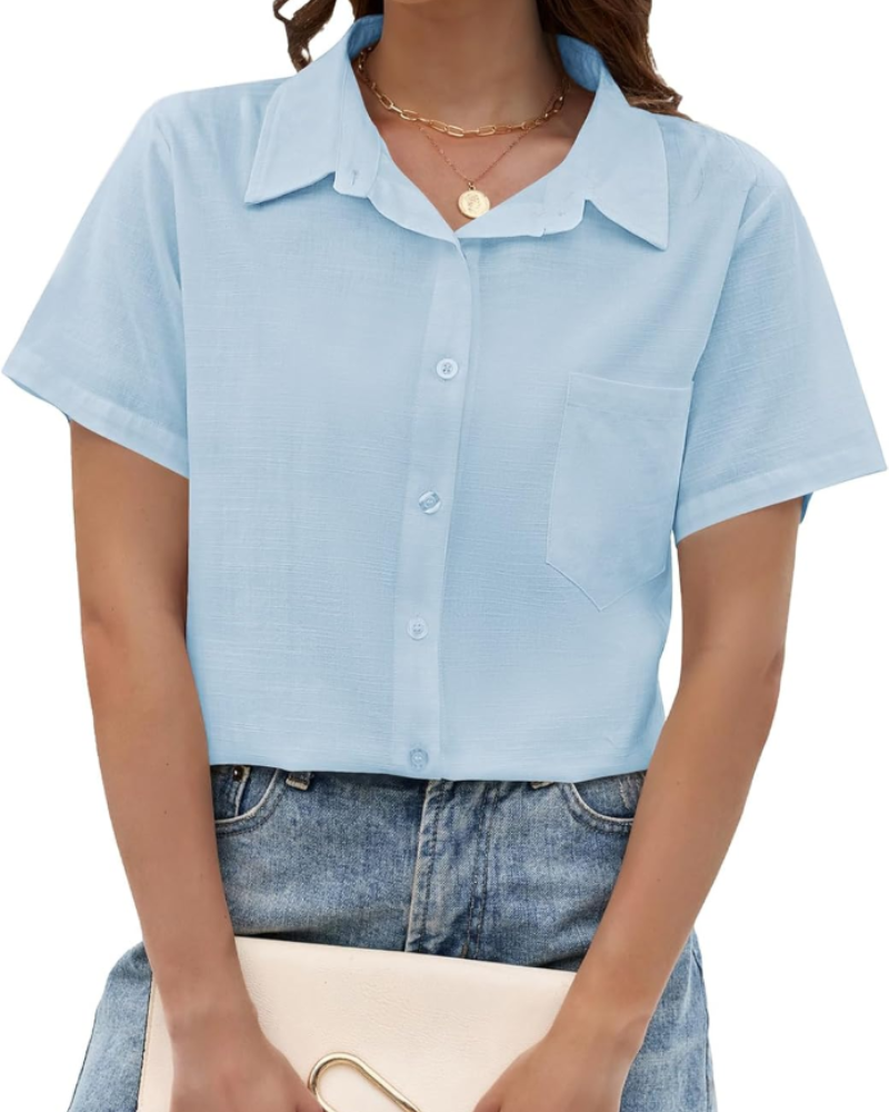 Aubrey Chemise pour femme – Coton et lin, col en V, manches courtes et poche poitrine