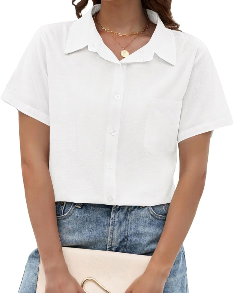 Aubrey Chemise pour femme – Coton et lin, col en V, manches courtes et poche poitrine