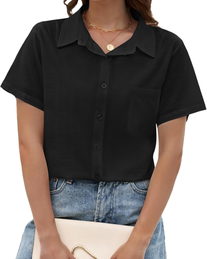 Aubrey Chemise pour femme – Coton et lin, col en V, manches courtes et poche poitrine