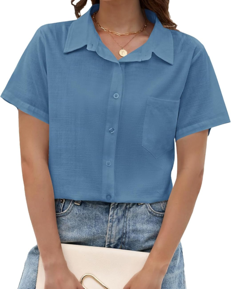 Aubrey Chemise pour femme – Coton et lin, col en V, manches courtes et poche poitrine