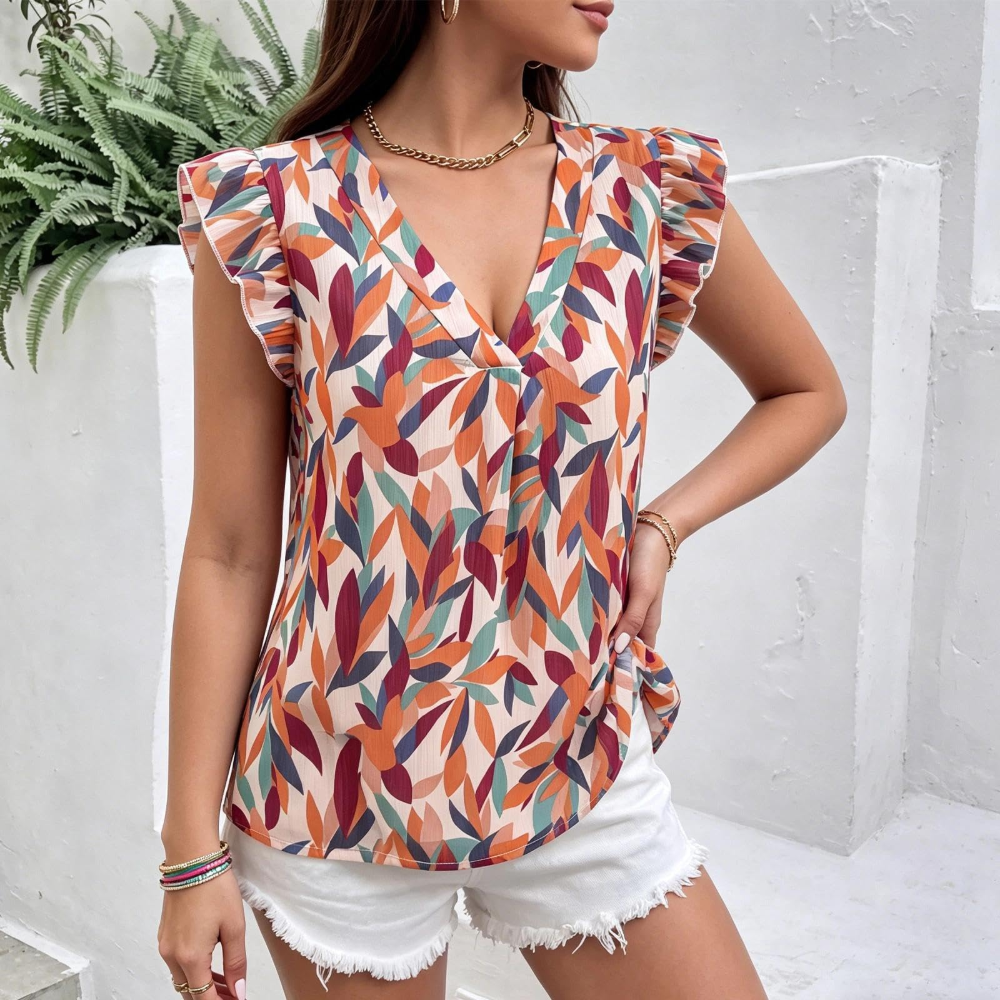 Eleanor Blusa Donna Estiva – Stampa Foglie, Scollo a V e Maniche con Volant